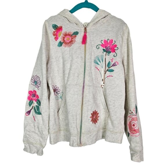 Peek Oatmeal Floral Embroidered Zip Front Hoodie 6/7 - Picture 2 of 8